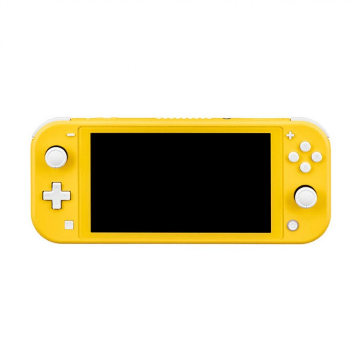 Front view of the yellow Nintendo Switch Lite console with bright yellow casing, integrated controls, and central display screen.