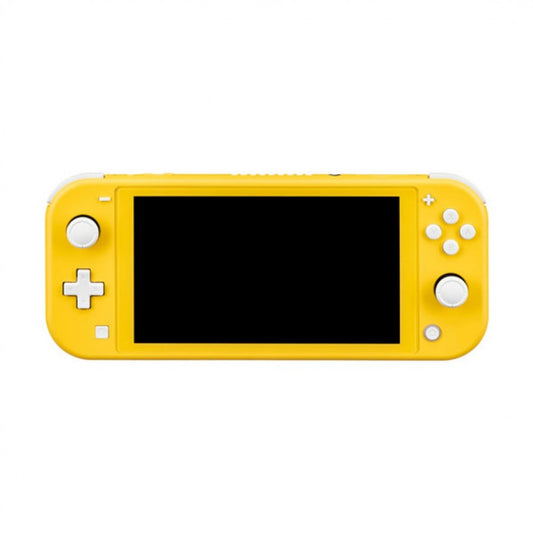 Front view of the yellow Nintendo Switch Lite console with bright yellow casing, integrated controls, and central display screen.