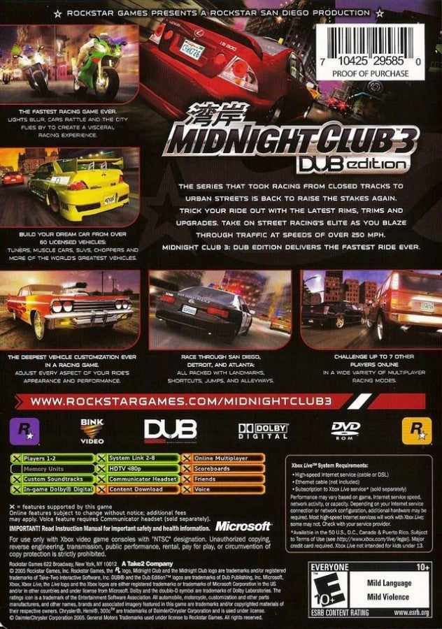 Midnight Club 3 [Dub Edition] back cover art for Xbox (XBOX) video game