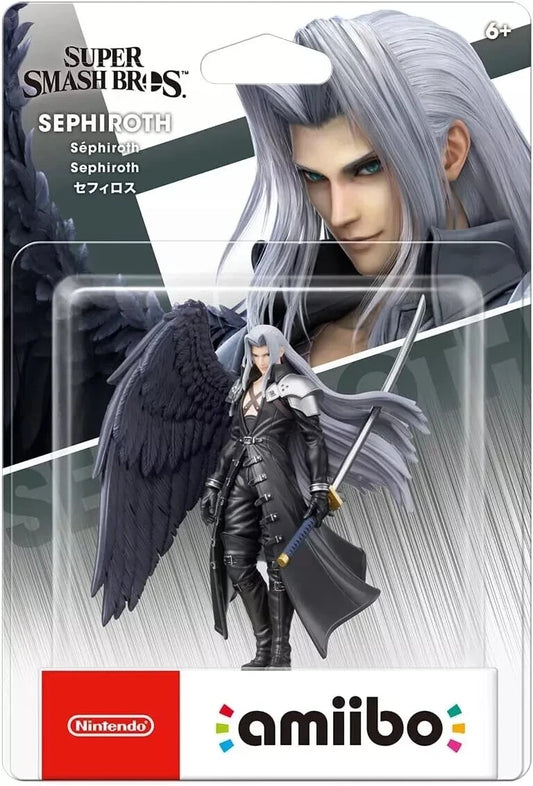 Sephiroth Super Smash Bros Amiibo sealed figure featuring the iconic Final Fantasy VII villain with long Masamune sword detailed sculpt NFC functionality for in game bonuses compatible with Nintendo Switch Wii U and 3DS and collectible Nintendo figure from the Super Smash Bros series in box