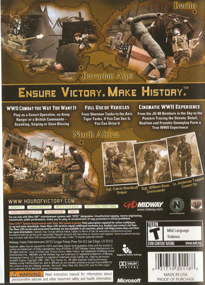 Hour of Victory Xbox 360 first person shooter WWII World War 2 military combat squad based gameplay historical war campaign action shooter Midway Games Xbox 360 software video game title back cover art