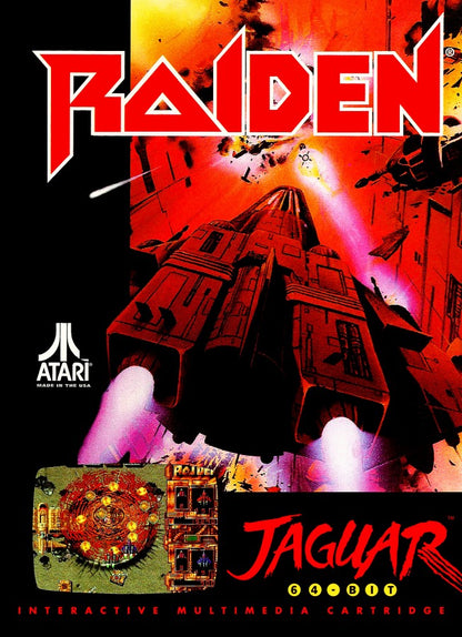 Raiden Atari Jaguar JAG for vertical shoot em up video game fans featuring fighter aircraft space combat enemy waves powerful weapons power ups weapon upgrades challenging scrolling stages massive boss battles intense arcade action and classic Atari Jaguar gameplay collectible retro gaming appeal front cover art