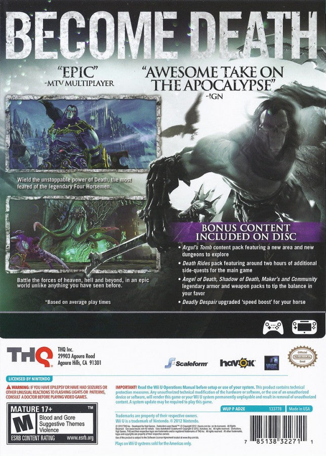 Darksiders II Nintendo Wii U for action role playing video game fans featuring open world exploration hack and slash combat challenging dungeons epic boss battles character progression fantasy adventure puzzle solving immersive gameplay collectible gaming appeal back cover art