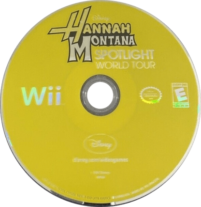 Hannah Montana Spotlight World Tour Wii inspired design featuring pop music performance adventure aesthetic concert stage excitement motion controlled gameplay singing and dancing routines colorful celebrity lifestyle family friendly entertainment nostalgic Nintendo Wii presentation disc