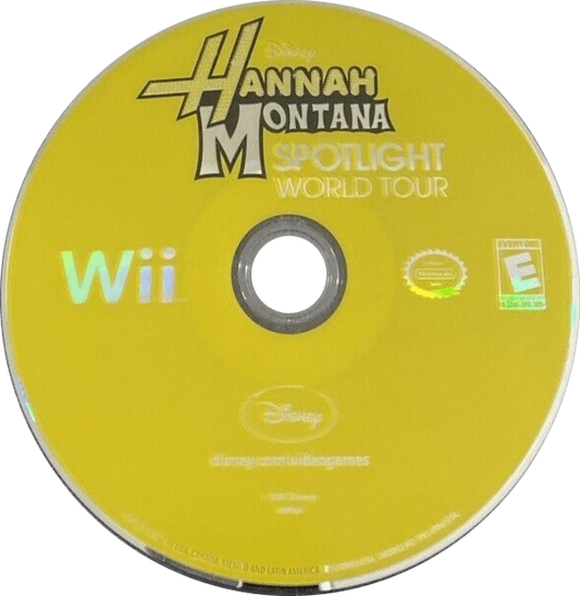 Hannah Montana Spotlight World Tour Wii inspired design featuring pop music performance adventure aesthetic concert stage excitement motion controlled gameplay singing and dancing routines colorful celebrity lifestyle family friendly entertainment nostalgic Nintendo Wii presentation disc