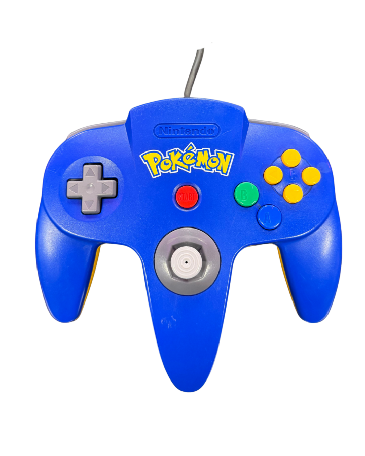 Top view of the limited edition Pokémon Pikachu Nintendo 64 controller, showing button layout, joystick, D-pad, and Pikachu-themed design on the controller surface