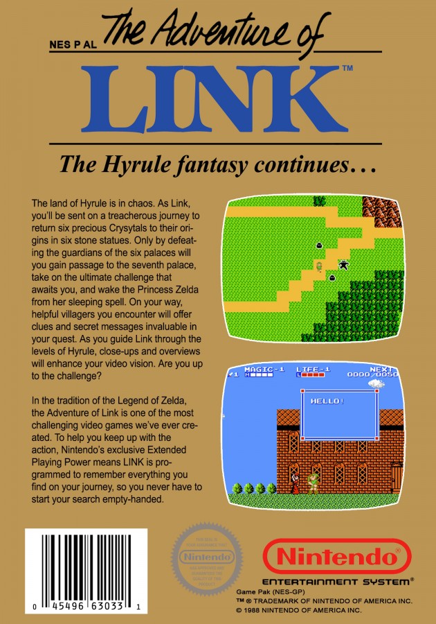 The Legend of Zelda II The Adventure of Link Nintendo Entertainment System NES for retro video game enthusiasts featuring side scrolling action role playing gameplay overworld exploration challenging sword combat magic abilities dungeon exploration classic Nintendo adventure and collectible gaming appeal back cover art