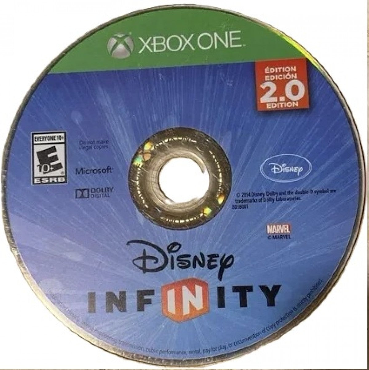 Disney Infinity 2.0 – Xbox One (XONE) disc for action-adventure game featuring Marvel characters and customizable Toy Box gameplay.