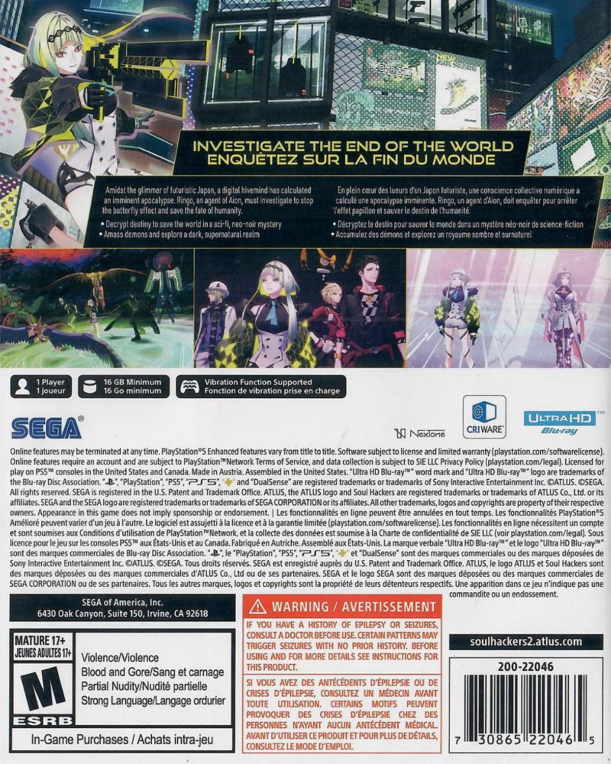 Soul Hackers 2 PlayStation 5 JRPG Atlus cyberpunk setting Ringo protagonist demon summoning turn-based combat party members comp summoning soul matrix dungeons character bonds supernatural thriller back cover