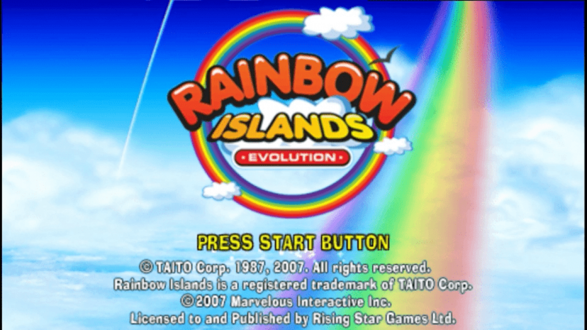 Rainbow Islands Evolution PSP inspired design featuring colorful fantasy platform adventure aesthetic classic arcade inspired gameplay magical rainbow powers whimsical worlds charming characters vibrant retro action handheld gaming presentation gameplay 