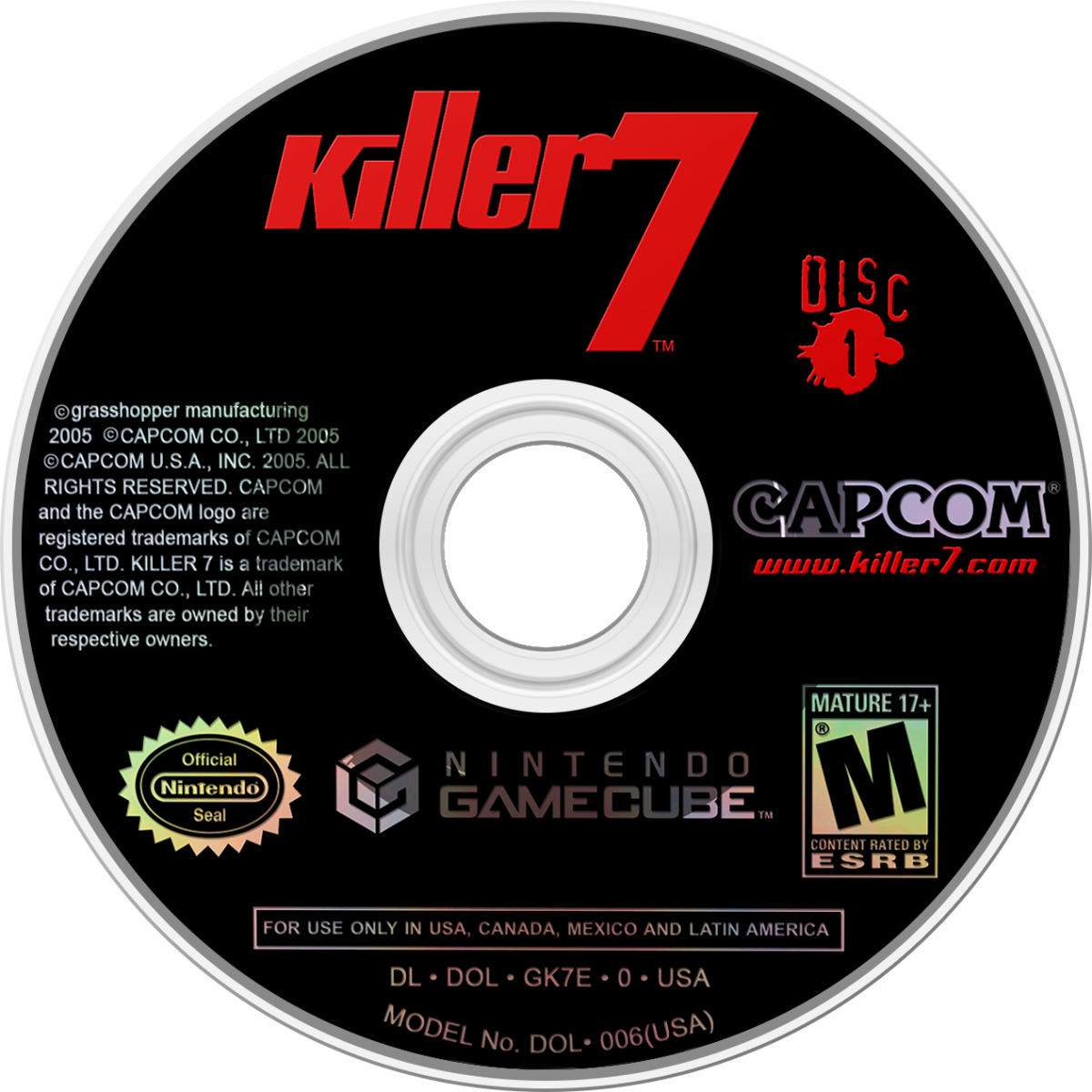 Killer7 Nintendo GameCube GCN for action adventure video game fans featuring stylish cel shaded visuals psychological thriller storyline first person shooting puzzle solving multiple playable assassins unique gameplay mechanics surreal atmosphere cult classic Capcom adventure collectible gaming appeal disc 1