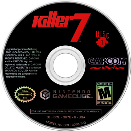 Killer7 Nintendo GameCube GCN for action adventure video game fans featuring stylish cel shaded visuals psychological thriller storyline first person shooting puzzle solving multiple playable assassins unique gameplay mechanics surreal atmosphere cult classic Capcom adventure collectible gaming appeal disc 1