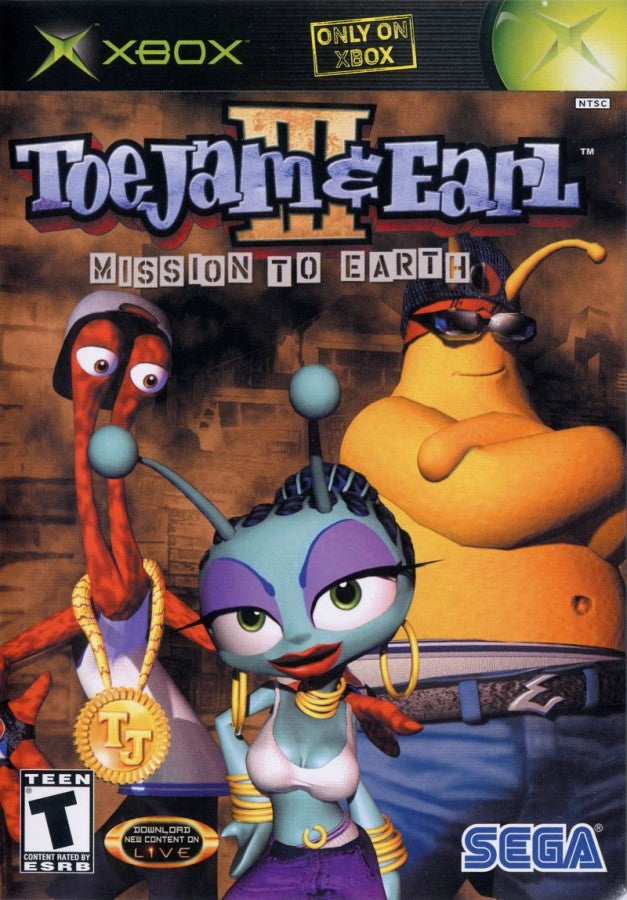 ToeJam & Earl III Mission to Earth Microsoft Xbox Original Xbox video game featuring action adventure gameplay funky alien characters platforming exploration power ups cooperative gameplay and colorful Earth based levels retro video game collection collectible gaming appeal cover art