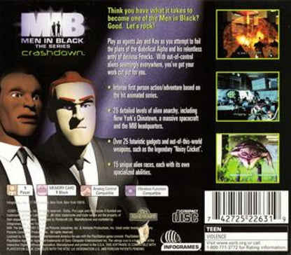 Men in Black The Series Crashdown PlayStation PS1 for action shooter video game fans featuring alien combat secret agent missions sci fi environments third person action weapons gadgets challenging enemies and classic animated series inspired gameplay retro PlayStation gaming collectible appeal back