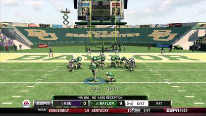 NCAA Football 13 Xbox 360 X360 video game featuring college football sports simulation gameplay NCAA college teams and players offensive play calling passing plays rushing attacks defensive strategies touchdown scoring college stadiums dynasty mode recruiting challenges Road to Glory career mode and classic Xbox 360 college football action retro video game collection collectible gaming appeal gameplay screenshot