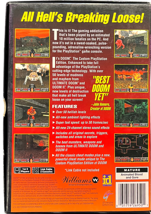 Retro Doom PS1 inspired design featuring classic first person shooter horror aesthetic vintage PlayStation demon invasion dark industrial corridors intense gunplay hellish creatures atmospheric survival action nostalgic retro FPS presentation rear art 