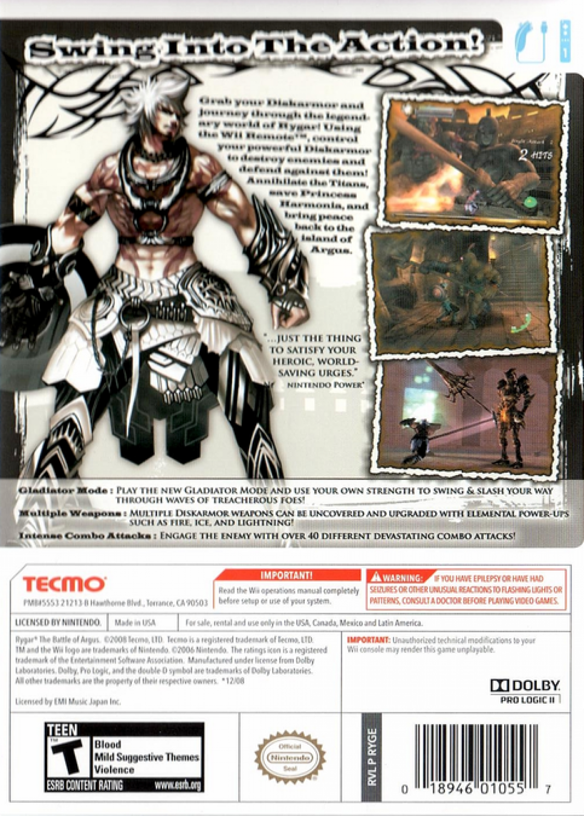 Rygar The Battle of Argus retro Wii video game Rygar fantasy action adventure hack and slash mythological combat platform gameplay console title Nintendo Wii release back of case