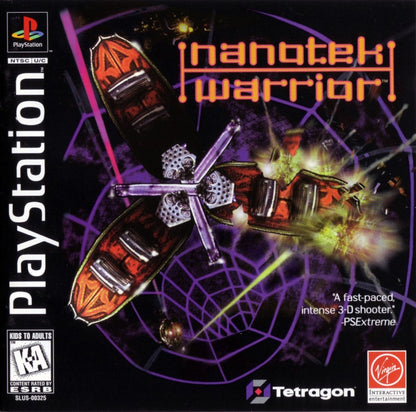 Nanotek Warrior PlayStation PS1 for action shooter video game fans featuring futuristic tank combat fast paced sci fi battles powerful weapons enemy encounters maze like environments challenging missions explosive action classic PlayStation gameplay collectible gaming appeal front cover art