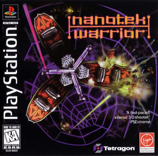 Nanotek Warrior PlayStation PS1 for action shooter video game fans featuring futuristic tank combat fast paced sci fi battles powerful weapons enemy encounters maze like environments challenging missions explosive action classic PlayStation gameplay collectible gaming appeal front cover art