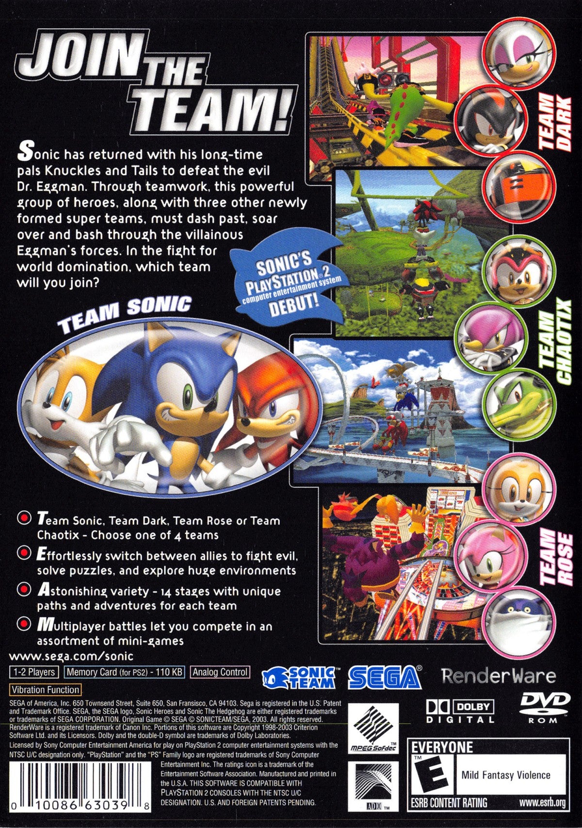Sonic Heroes PS2 Sony PlayStation 2 3D platformer Sonic the Hedgehog team based gameplay speed power flight characters cooperative mechanics colorful action stages Sega retro gaming PlayStation 2 software video game title back cover art