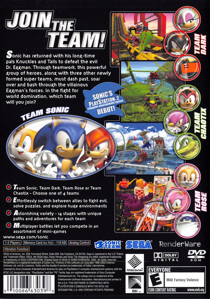 Sonic Heroes PS2 Sony PlayStation 2 3D platformer Sonic the Hedgehog team based gameplay speed power flight characters cooperative mechanics colorful action stages Sega retro gaming PlayStation 2 software video game title back cover art