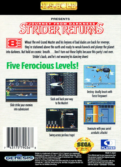 Strider Returns Sega Genesis action platformer side scrolling arcade style combat ninja gameplay sword attacks fast paced levels Capcom classic retro gaming Sega Genesis cartridge video game title gameplay back art 
