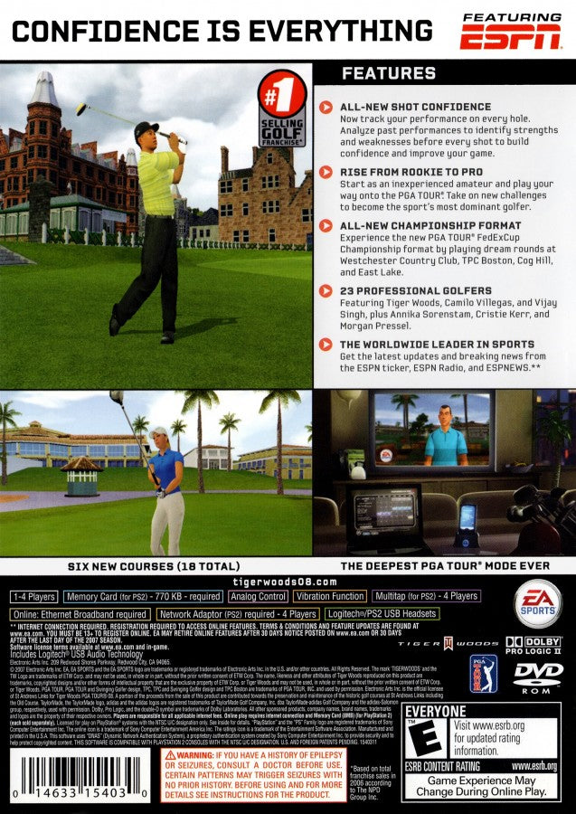 Tiger Woods PGA Tour 08 – PlayStation 2 (PS2) video game back of case, golf sports simulation.
