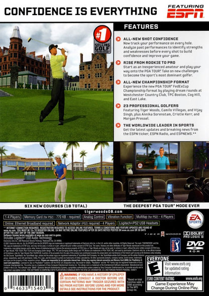 Tiger Woods PGA Tour 08 – PlayStation 2 (PS2) video game back of case, golf sports simulation.