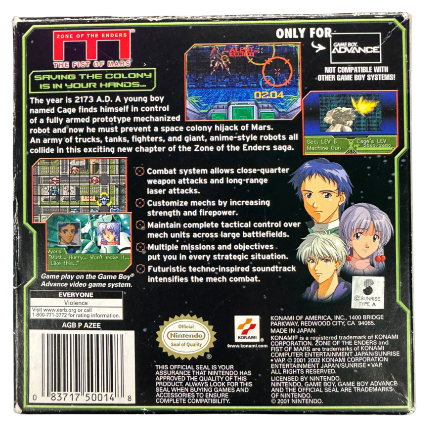 Zone of the Enders The Fist of Mars Game Boy Advance GBA for tactical strategy role playing video game fans featuring futuristic mecha battles turn based combat anime inspired storytelling character development challenging missions and classic Konami handheld gameplay collectible retro Nintendo Game Boy Advance gaming appeal back cover art