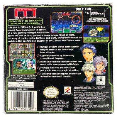 Zone of the Enders The Fist of Mars Game Boy Advance GBA for tactical strategy role playing video game fans featuring futuristic mecha battles turn based combat anime inspired storytelling character development challenging missions and classic Konami handheld gameplay collectible retro Nintendo Game Boy Advance gaming appeal back cover art