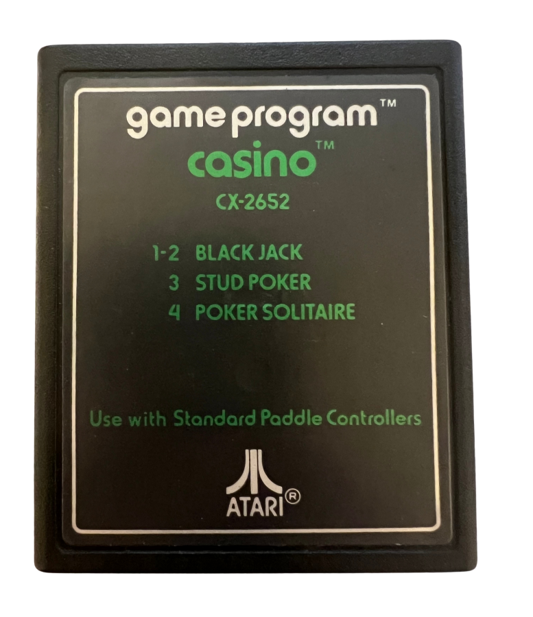 Casino Text Label for Atari 2600, cartridge for a casino card and gambling video game with classic table games, retro card gameplay, chance-based challenges, and vintage home console fun