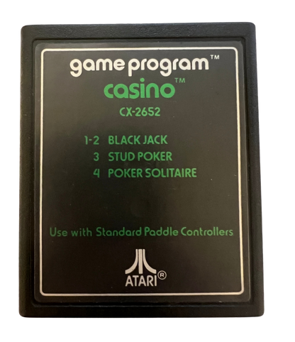 Casino Text Label for Atari 2600, cartridge for a casino card and gambling video game with classic table games, retro card gameplay, chance-based challenges, and vintage home console fun