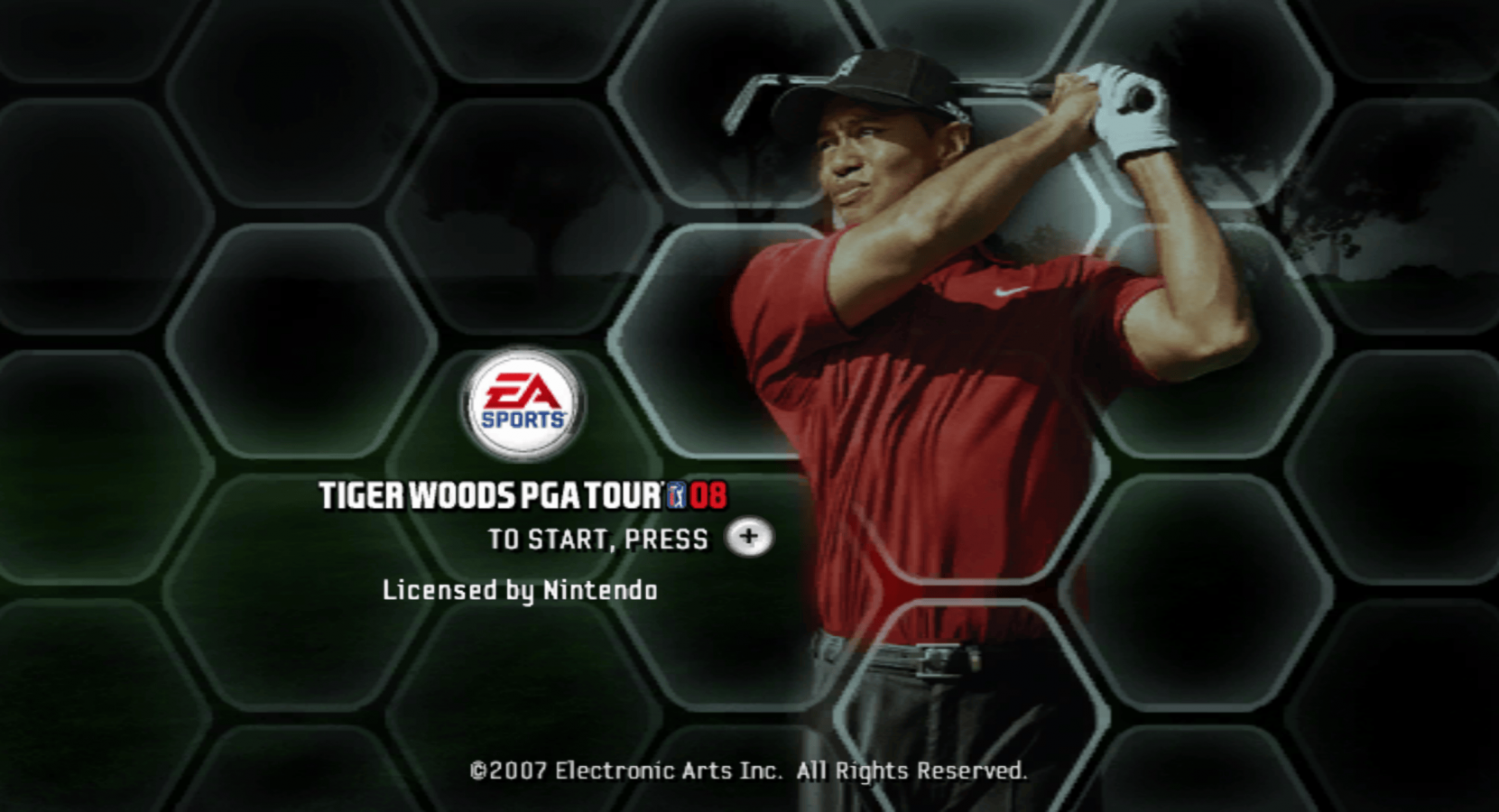 Tiger Woods PGA Tour 08 start menu for Nintendo Wii (Wii) featuring motion‑controlled golf, authentic courses, and competitive play with PGA pros.