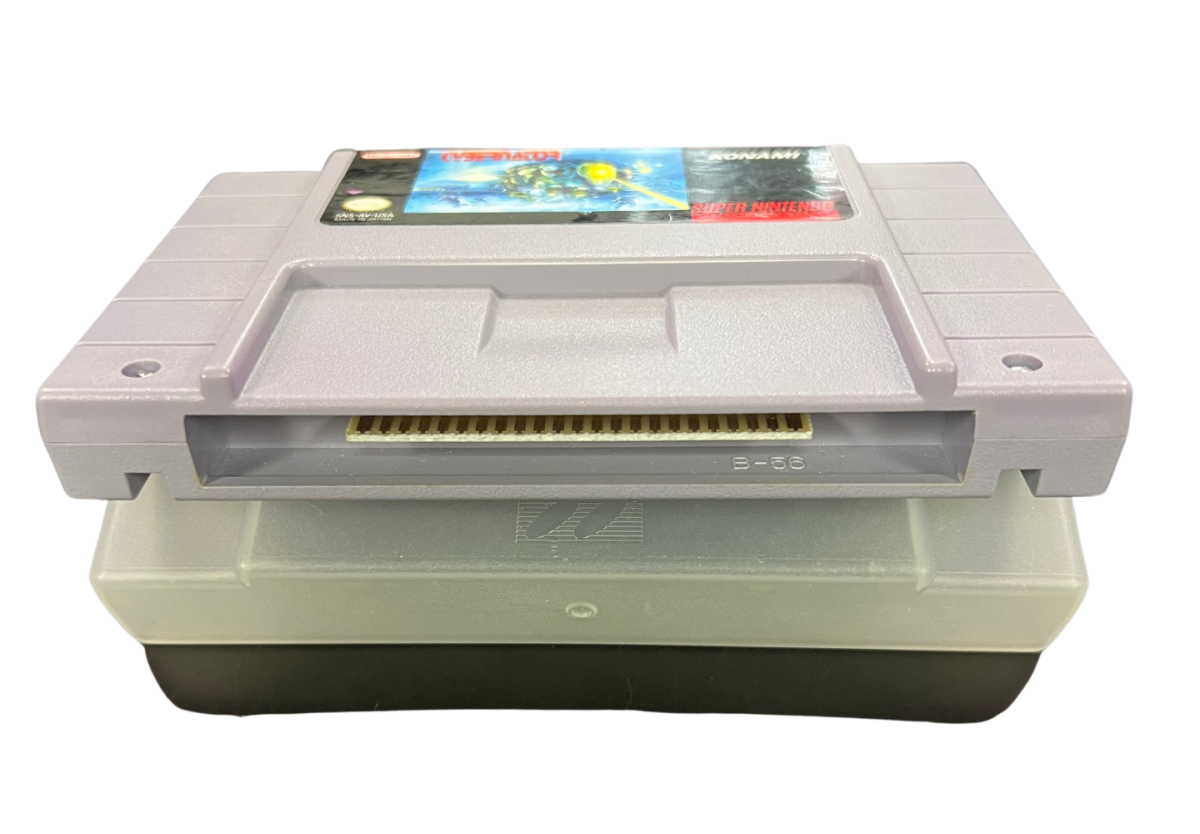 Cybernator Super Nintendo Entertainment System SNES for retro video game enthusiasts featuring side scrolling mech action gameplay futuristic combat powerful weapons challenging enemy forces explosive battles classic 16 bit action and collectible gaming appeal below caritdge 