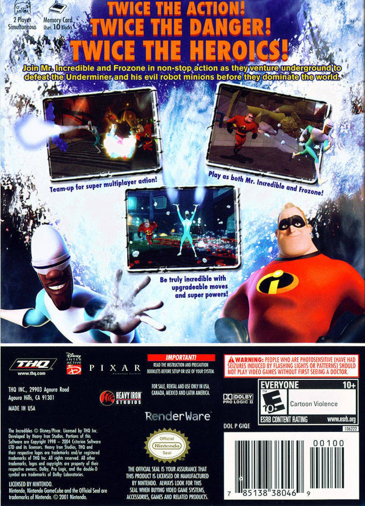 Back cover art for The Incredibles Rise of the Underminer GameCube GC video game, action adventure, Pixar movie tie-in, co-op gameplay, family-friendly, Nintendo GameCube title