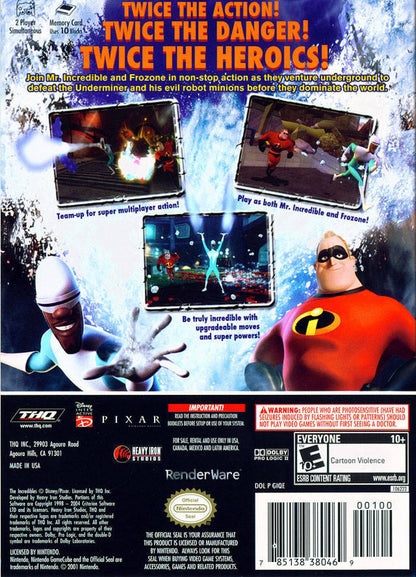 Back cover art for The Incredibles Rise of the Underminer GameCube GC video game, action adventure, Pixar movie tie-in, co-op gameplay, family-friendly, Nintendo GameCube title