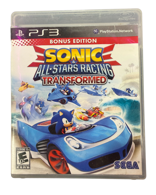 Sonic All Stars Racing Transformed PS3 Bonus Edition game featuring fast-paced arcade racing, transforming vehicles, and bonus content with iconic Sega characters cover