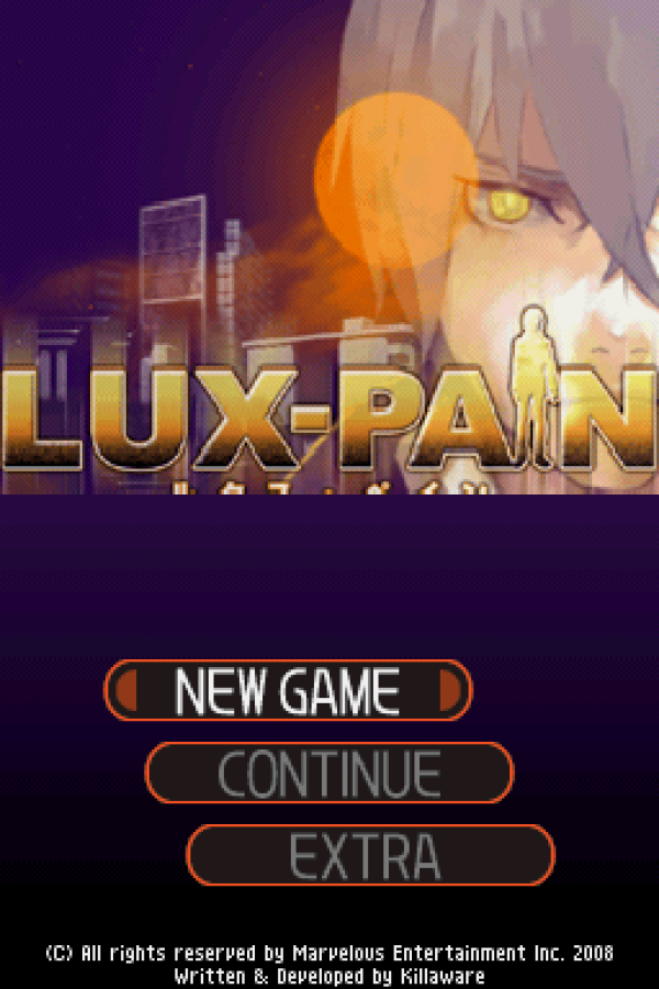 Lux-Pain start screen for Nintendo DS (DS) visual novel mystery adventure video game