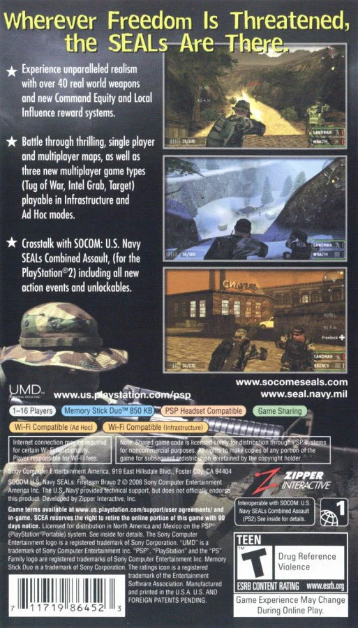 Retro SOCOM US Navy SEALs Fireteam Bravo 2 Greatest Hits PSP inspired design featuring tactical military shooter aesthetic vintage PlayStation Portable special operations combat squad based missions stealth warfare online multiplayer action realistic battlefield gameplay nostalgic handheld shooter presentation back cover 