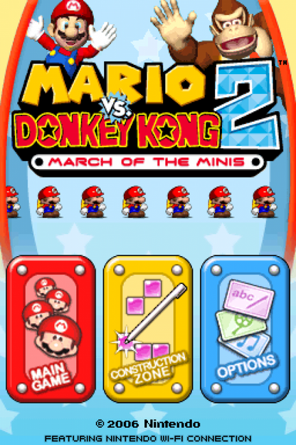 Mario vs. Donkey Kong 2: March of the Minis start screen for Nintendo DS (DS) puzzle platforming video game