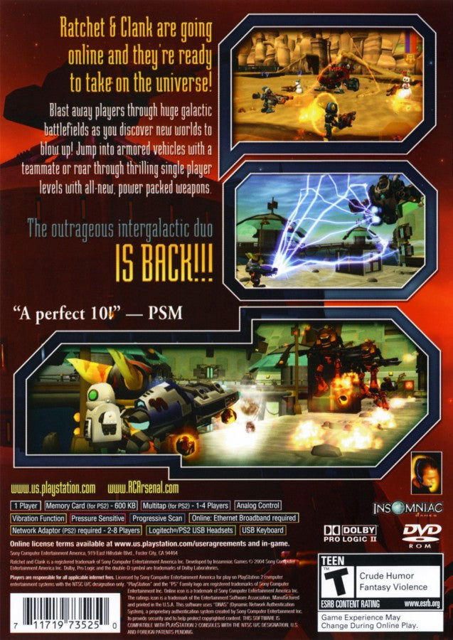 Ratchet & Clank: Up Your Arsenal – PlayStation 2 (PS2) video game back of case, 3D action platformer.