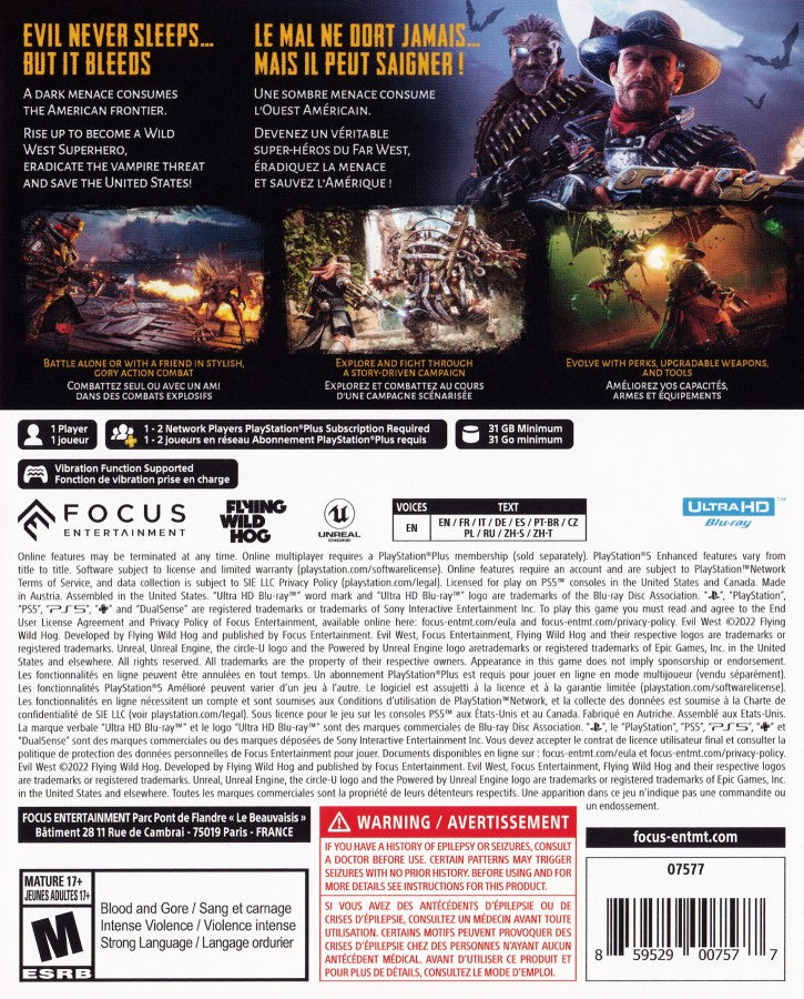 Evil West PlayStation 5 third-person action vampire hunting supernatural Wild West setting brutal combat gadgets co-op mode Focus Entertainment back cover