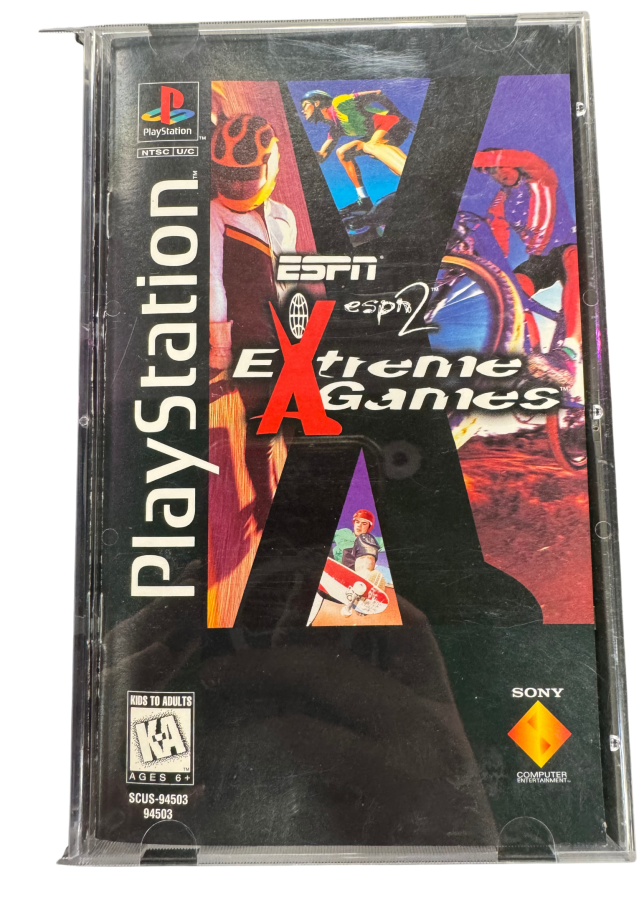 ESPN Extreme Games Long Box ny PlayStation 1 PS1 video game featuring extreme sports racing gameplay high speed vehicle competition off road tracks challenging courses stunts and arcade style action long box edition retro video game collection collectible gaming appeal covera art