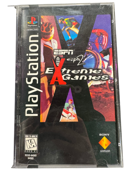 ESPN Extreme Games Long Box ny PlayStation 1 PS1 video game featuring extreme sports racing gameplay high speed vehicle competition off road tracks challenging courses stunts and arcade style action long box edition retro video game collection collectible gaming appeal covera art