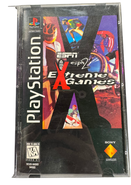 ESPN Extreme Games Long Box ny PlayStation 1 PS1 video game featuring extreme sports racing gameplay high speed vehicle competition off road tracks challenging courses stunts and arcade style action long box edition retro video game collection collectible gaming appeal covera art