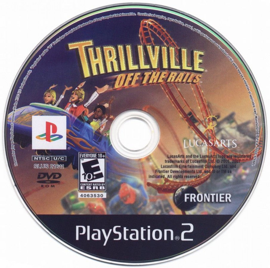Thrillville Off The Rails – PlayStation 2 (PS2) video game disc, theme park management and simulation.