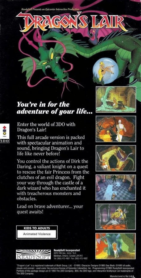 Dragon’s Lair back of case for Panasonic 3DO (3DO) interactive animated adventure video game
