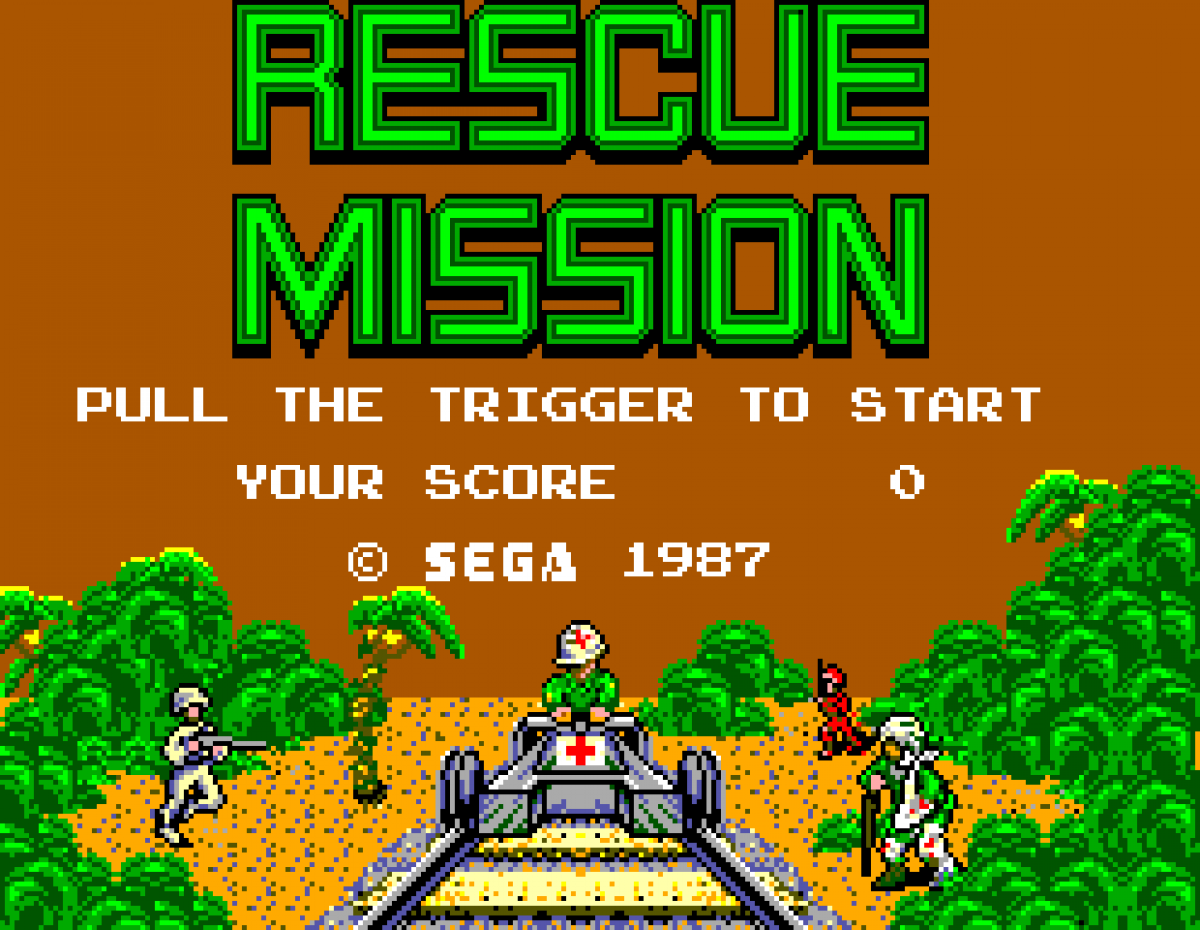 Rescue Mission – Sega Master System (SMS) start screen for rail shooter video game