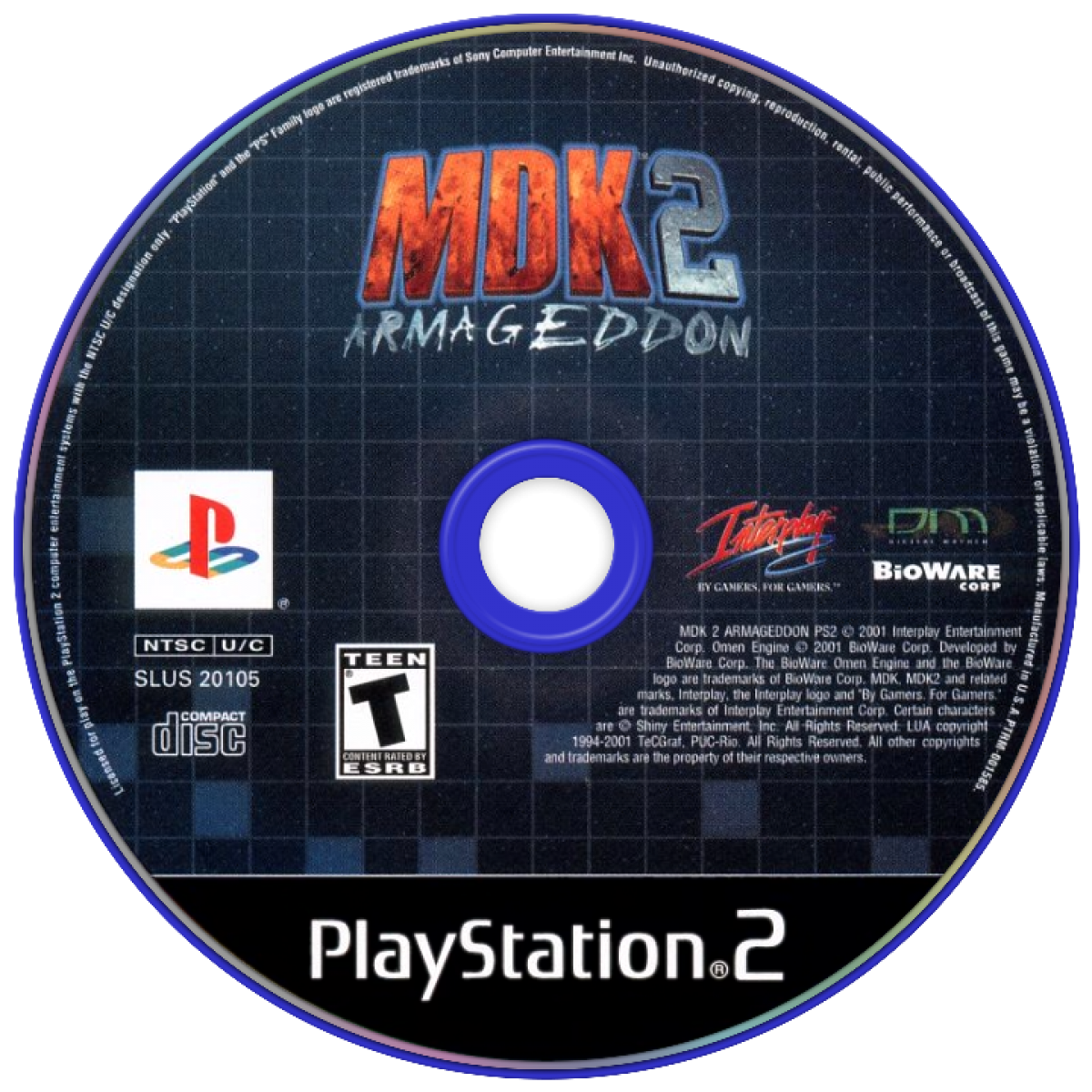 MDK 2 Armageddon PS2 Sony PlayStation 2 action shooter platformer sci fi third person combat quirky humor multiple playable characters sniper gameplay puzzle solving alien invasion story BioWare fast paced action retro gaming PlayStation 2 software video game title disc