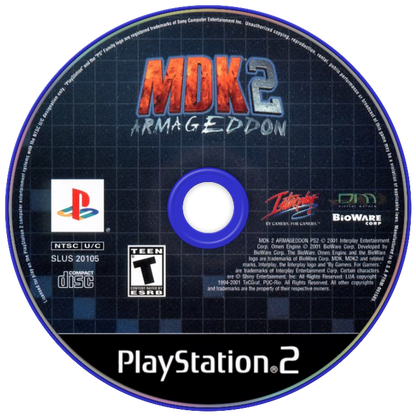 MDK 2 Armageddon PS2 Sony PlayStation 2 action shooter platformer sci fi third person combat quirky humor multiple playable characters sniper gameplay puzzle solving alien invasion story BioWare fast paced action retro gaming PlayStation 2 software video game title disc